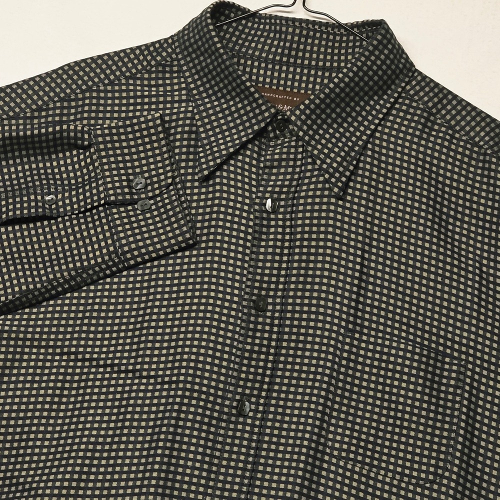 Johnston & Murphy Button Down Men XL Black Tan Micro Check Modal Rayon Shirt